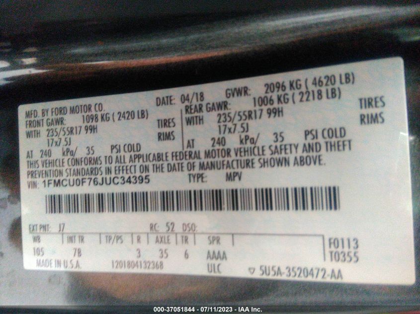 2018 FORD ESCAPE S 1FMCU0F76JUC34395