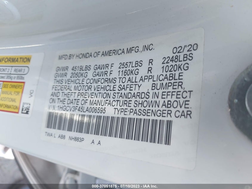 VIN 1HGCV3F45LA006595 2020 HONDA ACCORD HYBRID EX