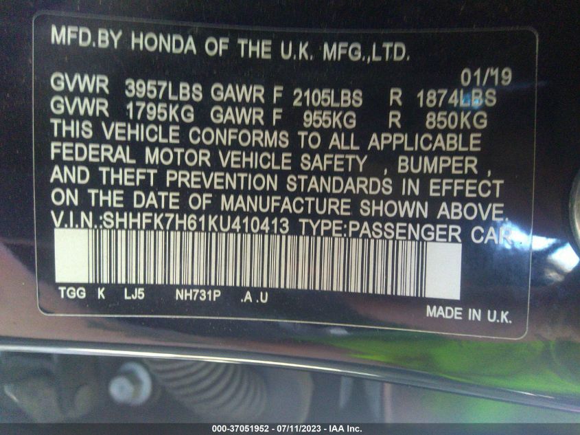 2019 HONDA CIVIC HATCHBACK EX - SHHFK7H61KU410413