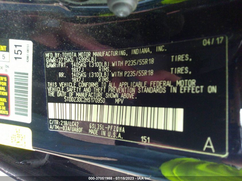 2017 TOYOTA SIENNA XLE - 5TDDZ3DC2HS170950