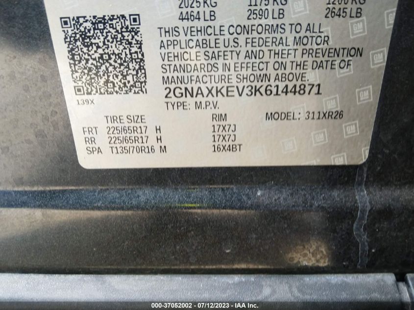 2019 CHEVROLET EQUINOX LT - 2GNAXKEV3K6144871