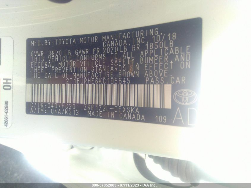 2019 TOYOTA COROLLA L/LE/SE/XLE/XSE - 2T1BURHE6KC195645