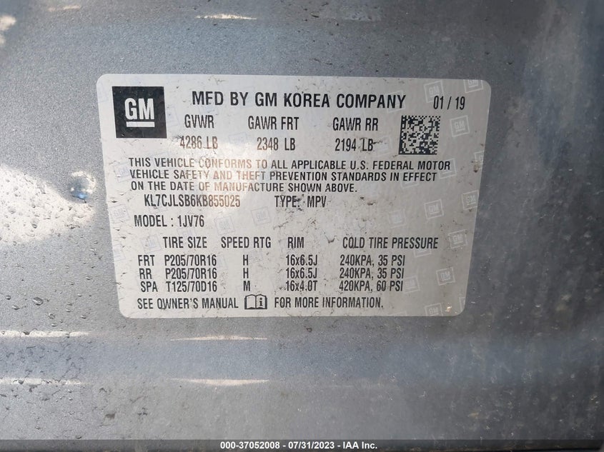 VIN KL7CJLSB6KB855025 2019 CHEVROLET TRAX LT