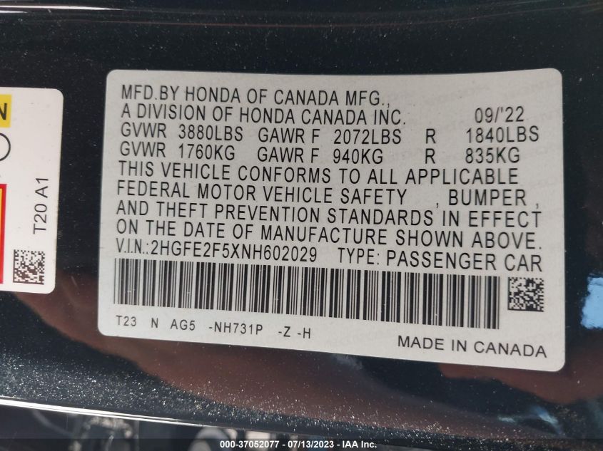 2022 HONDA CIVIC SEDAN SPORT - 2HGFE2F5XNH602029