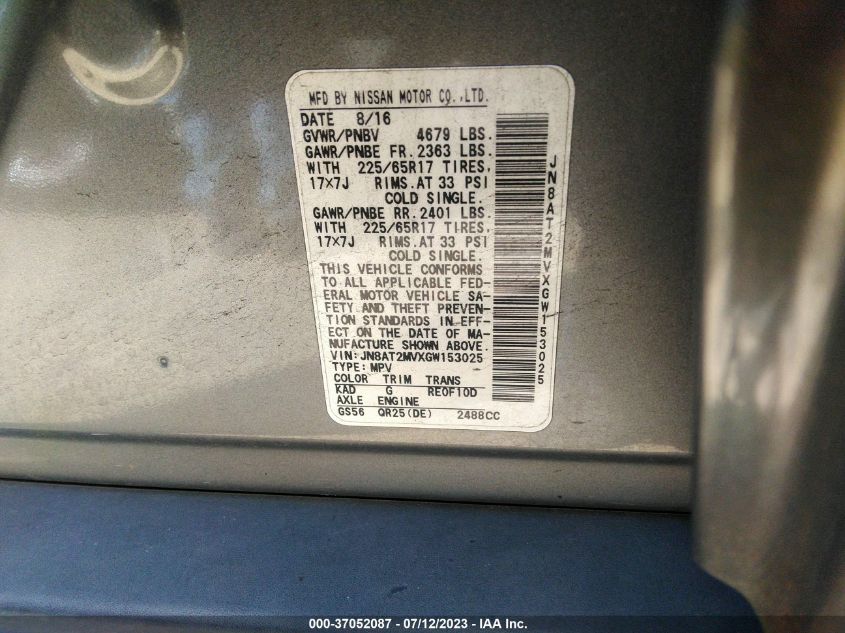 2016 NISSAN ROGUE S/SL/SV - JN8AT2MVXGW153025