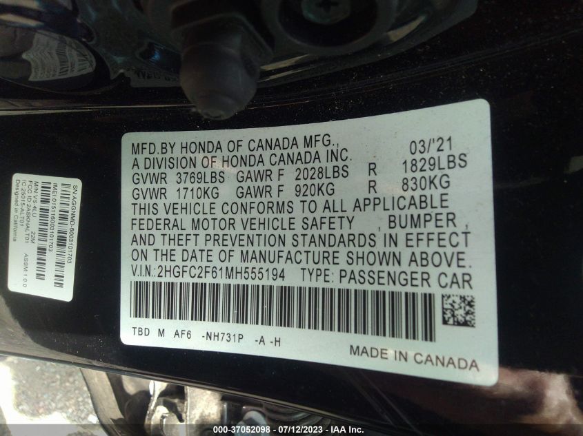 2HGFC2F61MH555194 Honda Civic Sedan LX 9