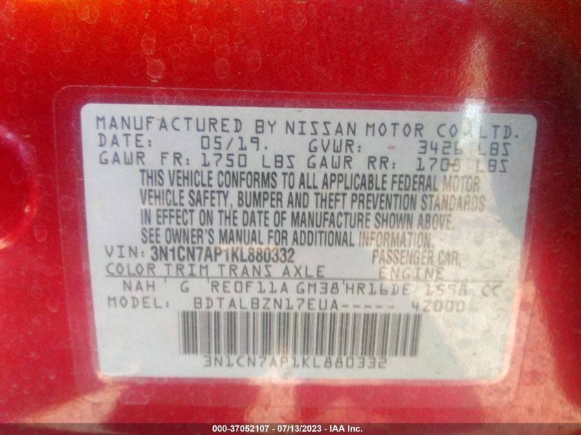 2019 NISSAN VERSA SEDAN SV - 3N1CN7AP1KL880332