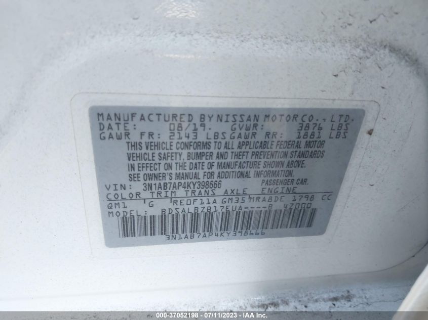 2019 NISSAN SENTRA S/SV/SR/SL - 3N1AB7AP4KY398666