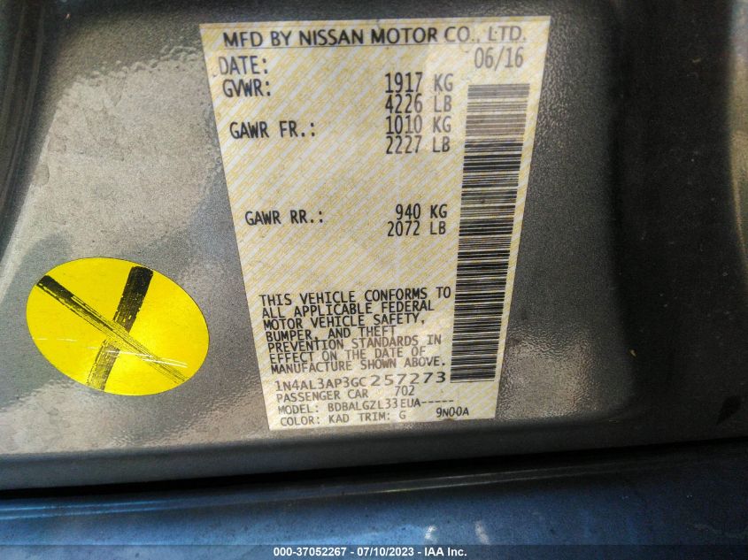 2016 NISSAN ALTIMA 2.5/S/SV/SL/SR - 1N4AL3AP3GC257273
