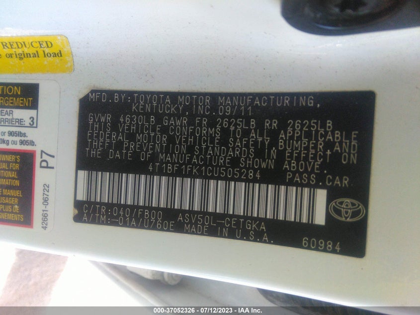 Auction sale of the 2012 TOYOTA CAMRY , vin: 4T1BF1FK1CU505284, lot number: 37052326