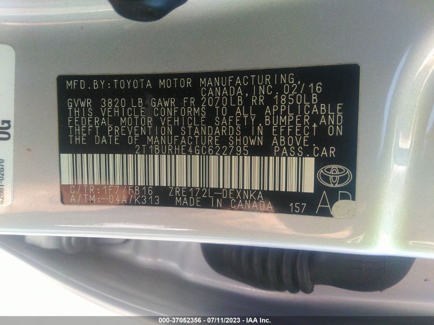 2016 TOYOTA COROLLA L/LE/S/S PLUS/LE PLUS - 2T1BURHE4GC622795