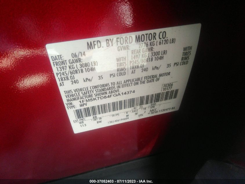 2015 FORD EXPLORER XLT - 1FM5K7D84FGA14374