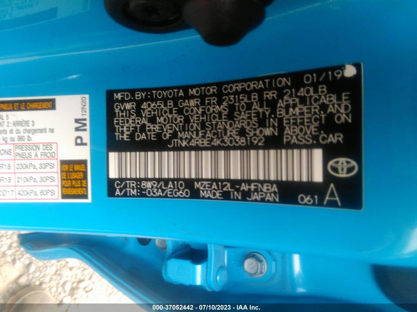 2019 TOYOTA COROLLA HATCHBACK SE/XSE JTNK4RBE4K3038192