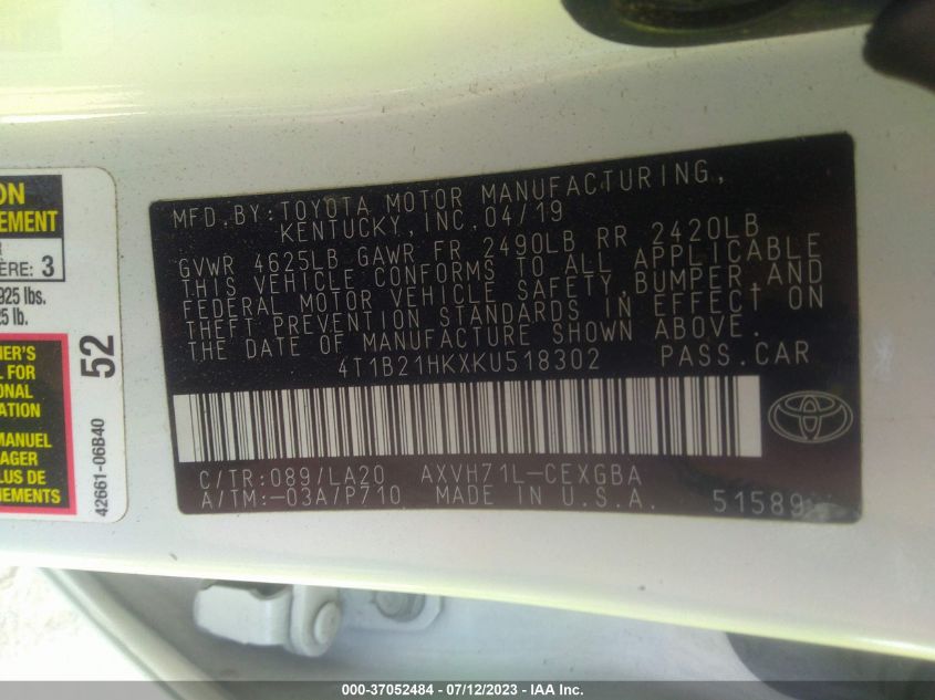2019 TOYOTA CAMRY HYBRID - 4T1B21HKXKU518302