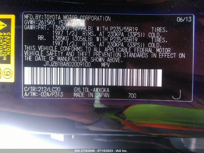 2013 LEXUS RX 450H - JTJZB1BA8D2009100