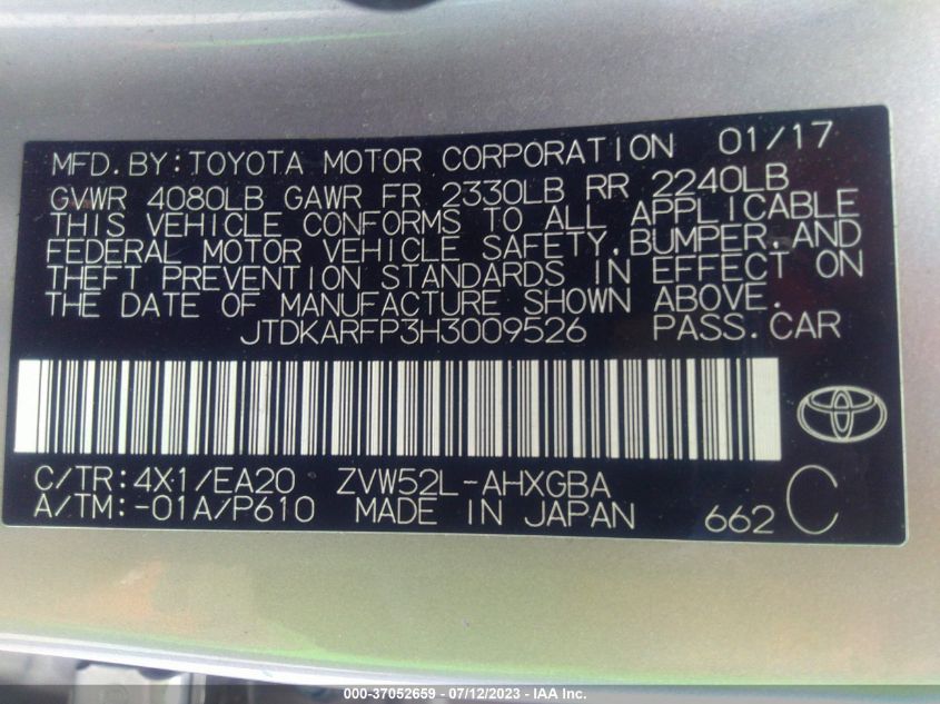 2017 TOYOTA PRIUS PRIME PLUS/PREMIUM/ADVANCED - JTDKARFP3H3009526