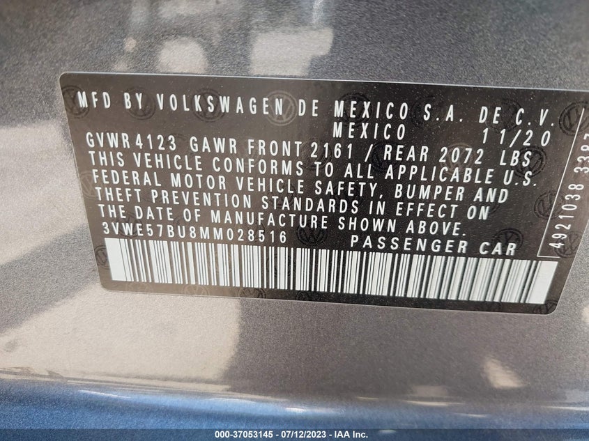 VIN 3VWE57BU8MM028516 2021 VOLKSWAGEN JETTA SEL