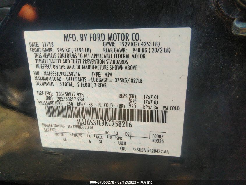 2019 FORD ECOSPORT SES - MAJ6S3JL9KC258216