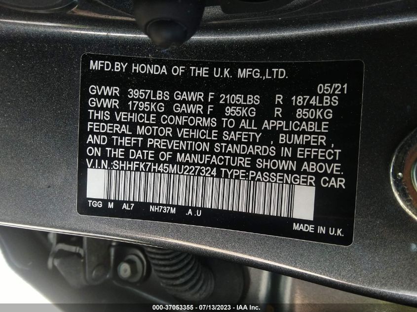2021 HONDA CIVIC HATCHBACK SPORT - SHHFK7H45MU227324