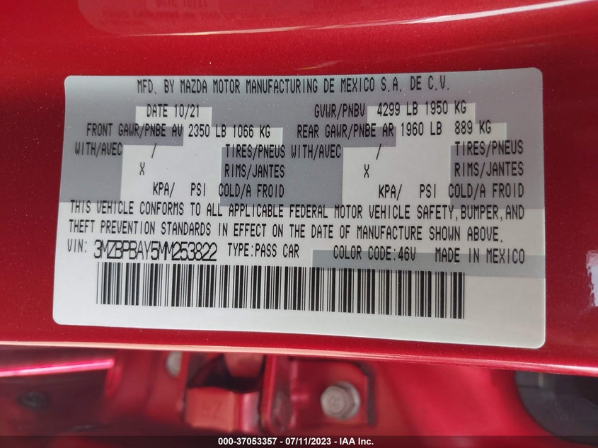 VIN 3MZBPBAY5MM253822 2021 MAZDA MAZDA3 SEDAN 2.5 TURBO
