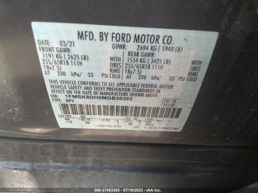 2021 FORD EXPLORER XLT - 1FMSK8DH0MGB30368