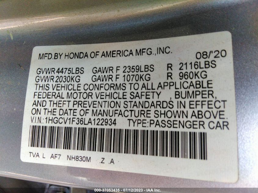 2020 HONDA ACCORD SEDAN SPORT - 1HGCV1F36LA122934