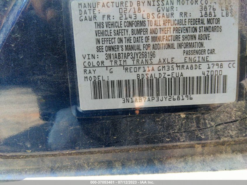2018 NISSAN SENTRA SV - 3N1AB7AP3JY268196