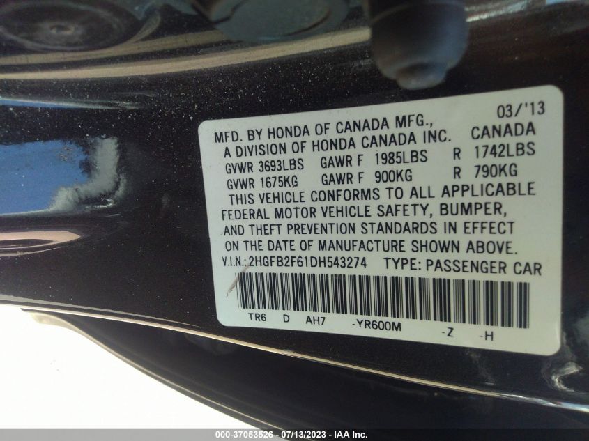 2013 HONDA CIVIC SDN HF - 2HGFB2F61DH543274
