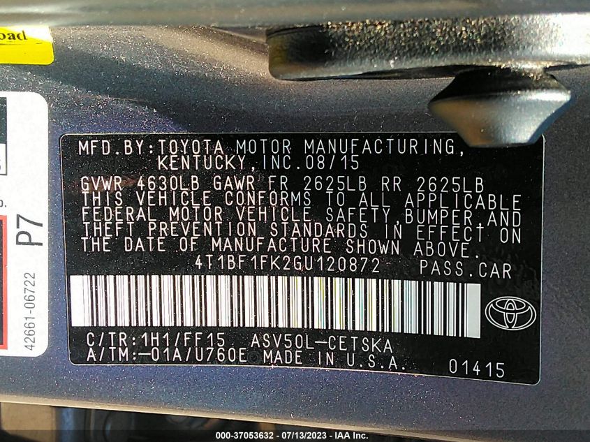 2016 TOYOTA CAMRY XLE/SE/LE/XSE - 4T1BF1FK2GU120872