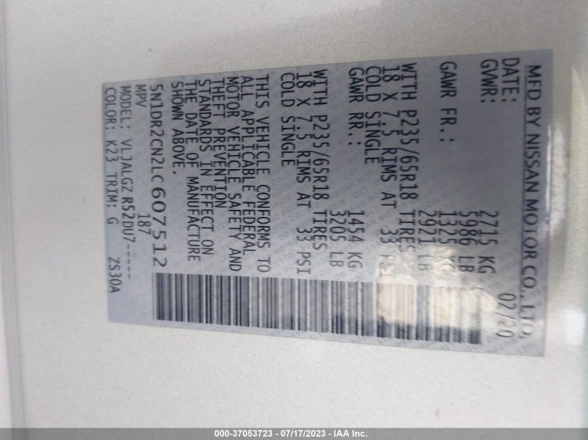 2020 NISSAN PATHFINDER SL - 5N1DR2CN2LC607512