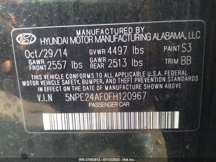 2015 HYUNDAI SONATA 2.4L SE - 5NPE24AF0FH120967