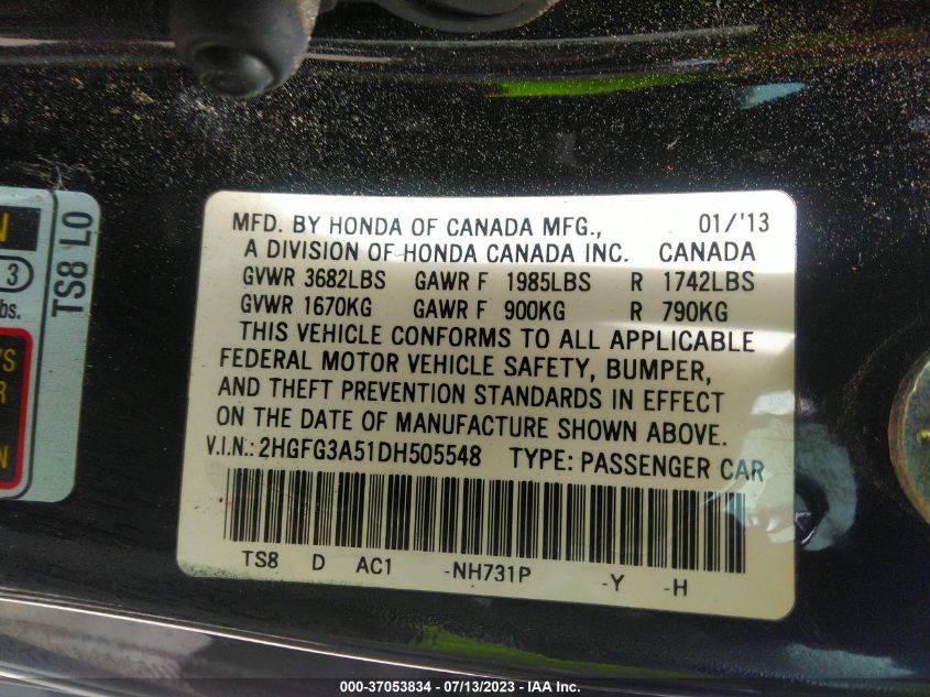 2013 HONDA CIVIC CPE LX - 2HGFG3A51DH505548