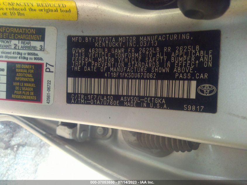 2013 TOYOTA CAMRY L/LE/SE/XLE - 4T1BF1FK5DU670062