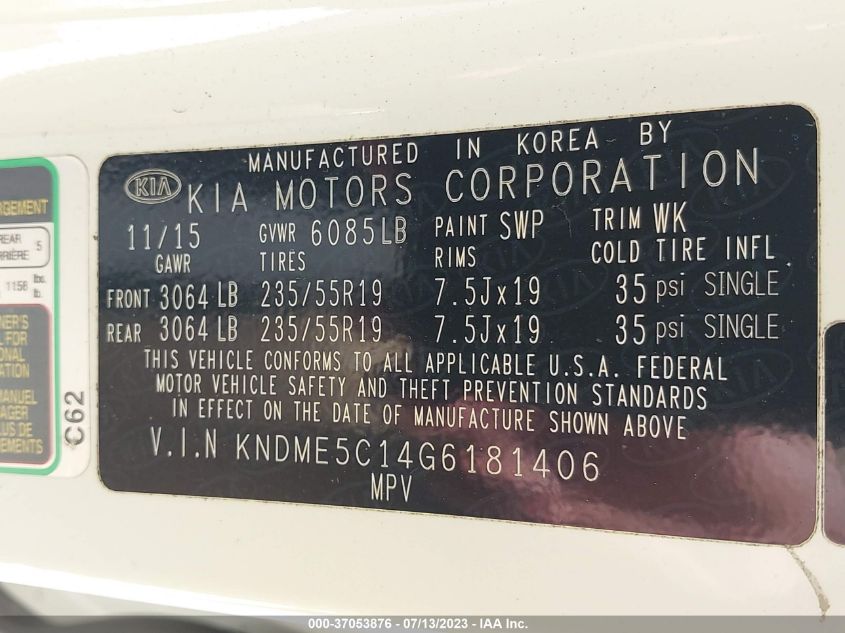 2016 KIA SEDONA SX-L - KNDME5C14G6181406