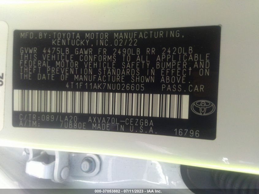 2022 TOYOTA CAMRY XLE - 4T1F11AK7NU026605
