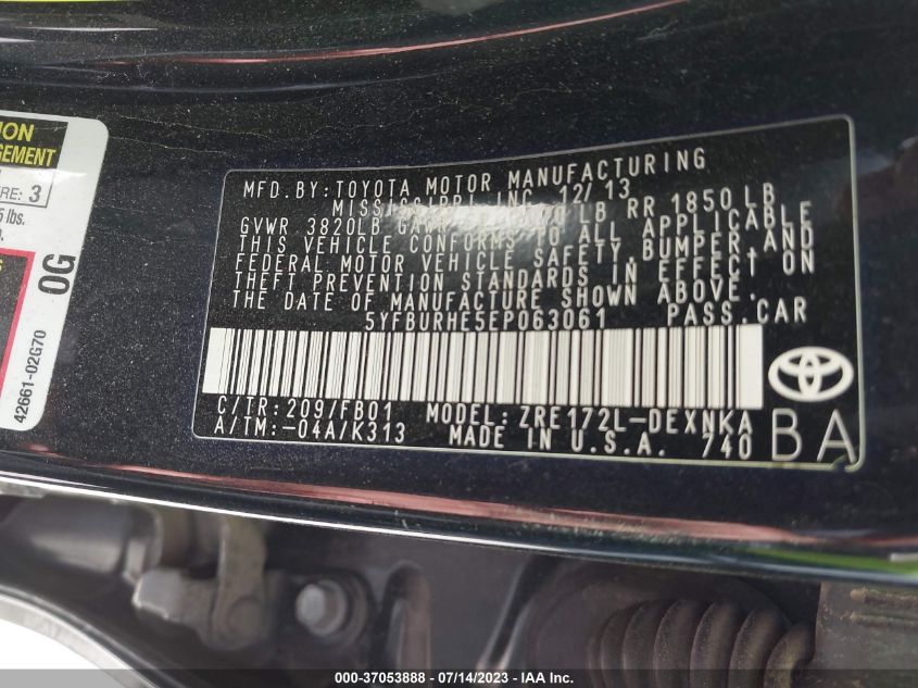 2014 TOYOTA COROLLA L/LE/S/S PLUS/LE PLUS - 5YFBURHE5EP063061