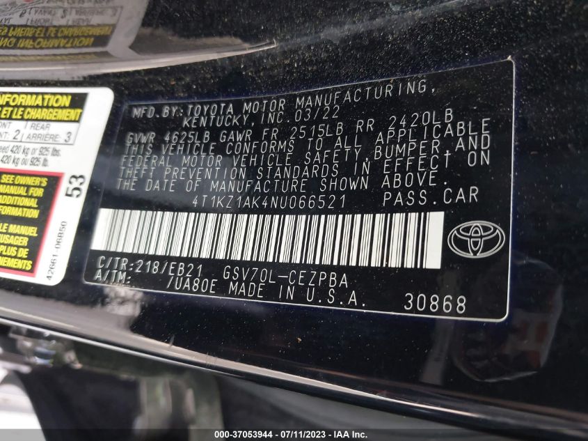 2022 TOYOTA CAMRY V6 - 4T1KZ1AK4NU066521