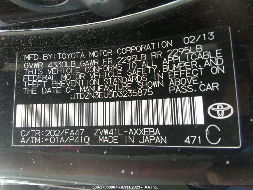 2013 TOYOTA PRIUS V TWO/THREE/FIVE - JTDZN3EU5D3235875