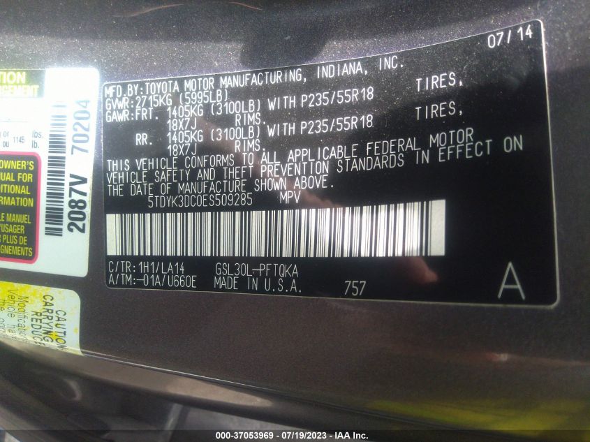 2014 TOYOTA SIENNA XLE/XLE AAS/LTD - 5TDYK3DC0ES509285