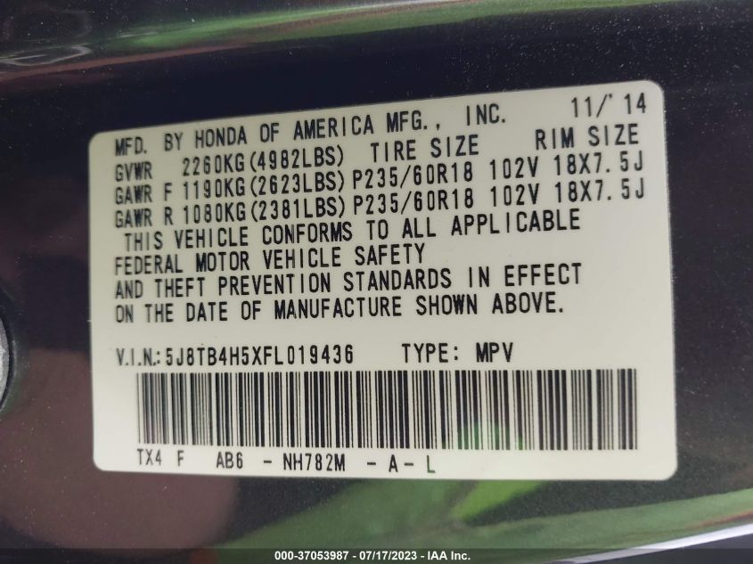 2015 ACURA RDX TECH PKG - 5J8TB4H5XFL019436