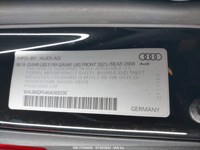 2019 AUDI S5 SPORTBACK PREMIUM PLUS WAUB4DF54KA068335