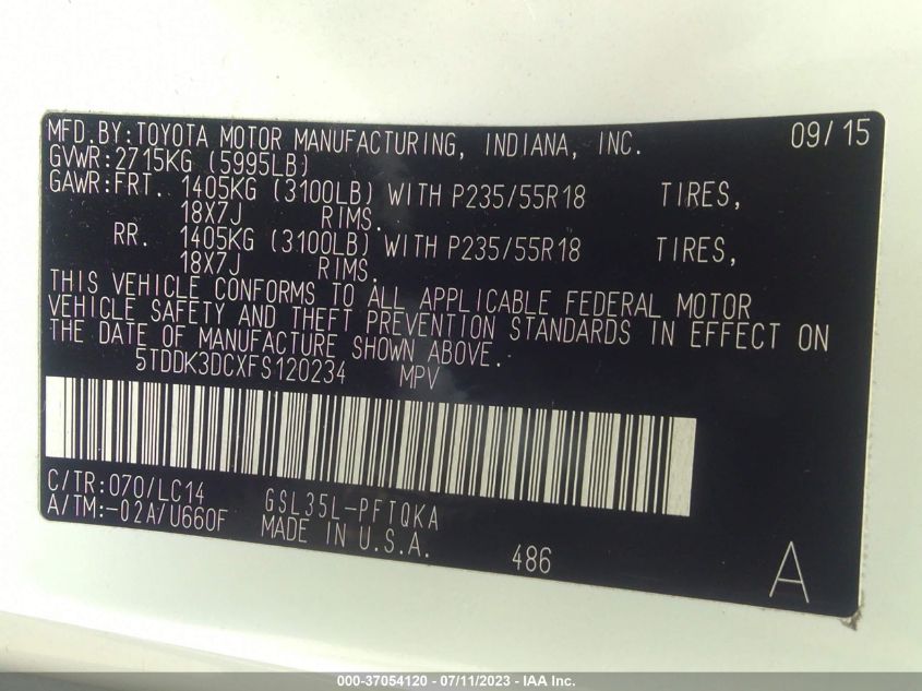 2015 TOYOTA SIENNA LTD/XLE/XLE PREMIUM - 5TDDK3DCXFS120234