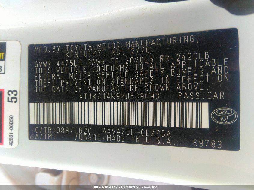 2021 TOYOTA CAMRY XSE - 4T1K61AK9MU539093