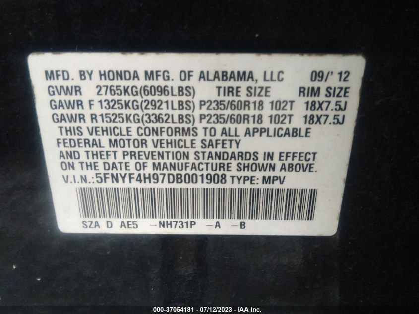 2013 HONDA PILOT TOURING - 5FNYF4H97DB001908