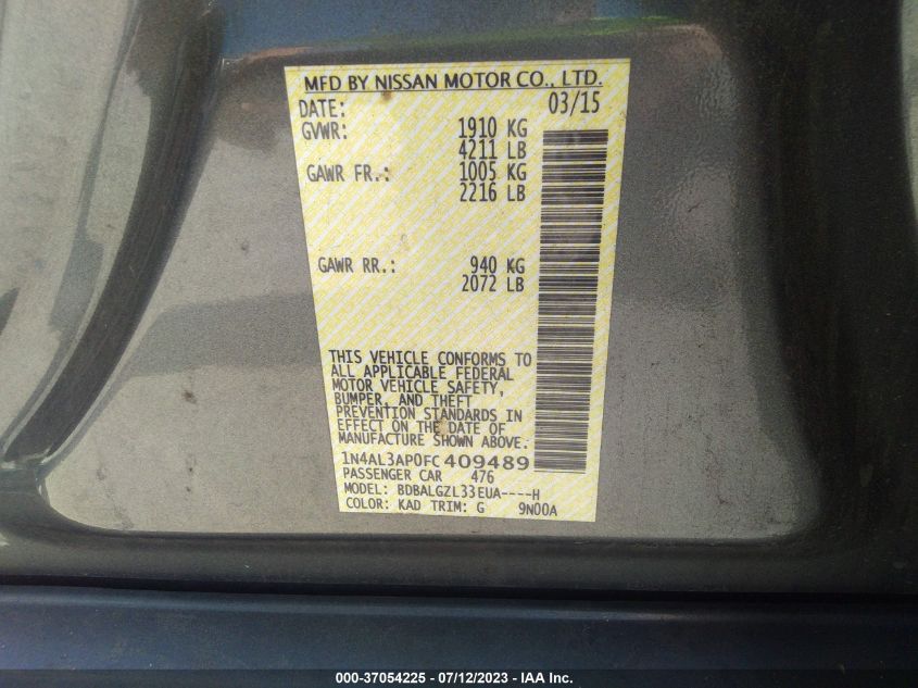 2015 NISSAN ALTIMA 2.5 S - 1N4AL3AP0FC409489