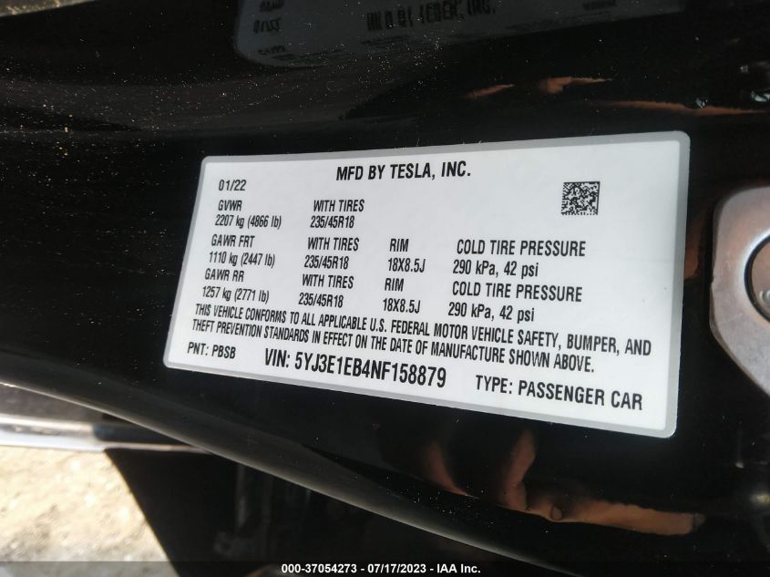 2022 TESLA MODEL 3 LONG RANGE - 5YJ3E1EB4NF158879