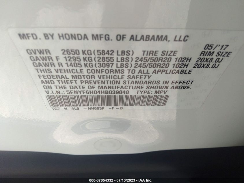 2017 HONDA PILOT ELITE - 5FNYF6H04HB039048