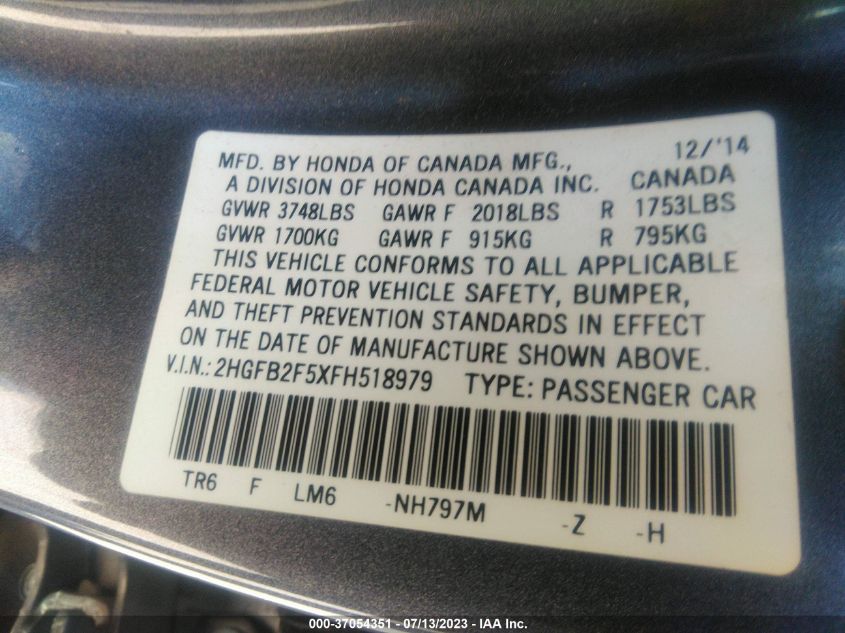 2015 HONDA CIVIC SEDAN LX - 2HGFB2F5XFH518979