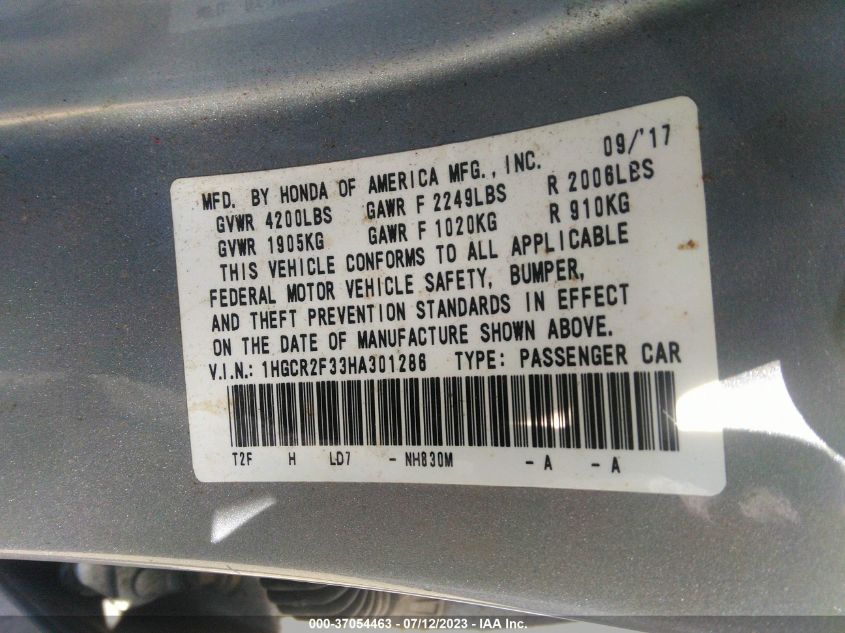 2017 HONDA ACCORD SEDAN LX - 1HGCR2F33HA301286