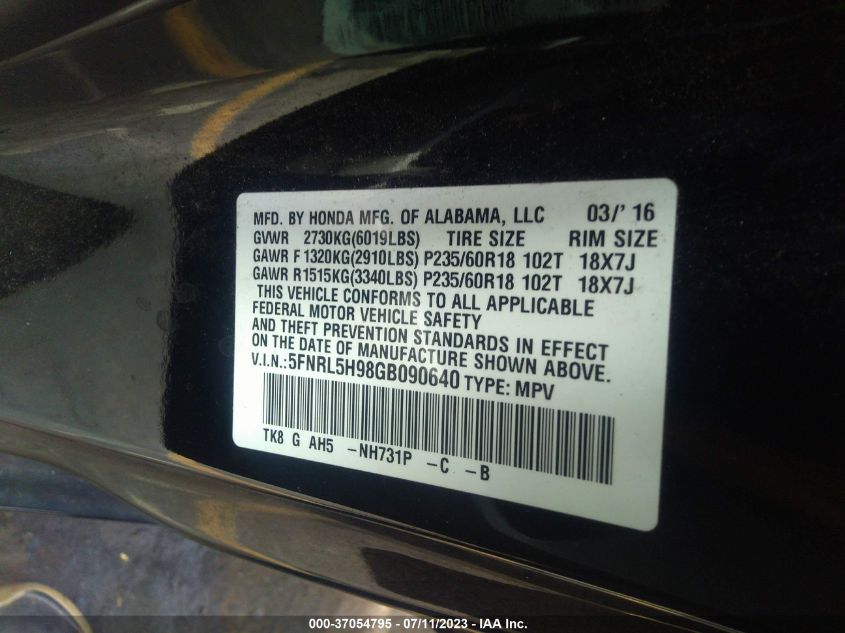 2016 HONDA ODYSSEY TOURING/TOURING ELITE - 5FNRL5H98GB090640